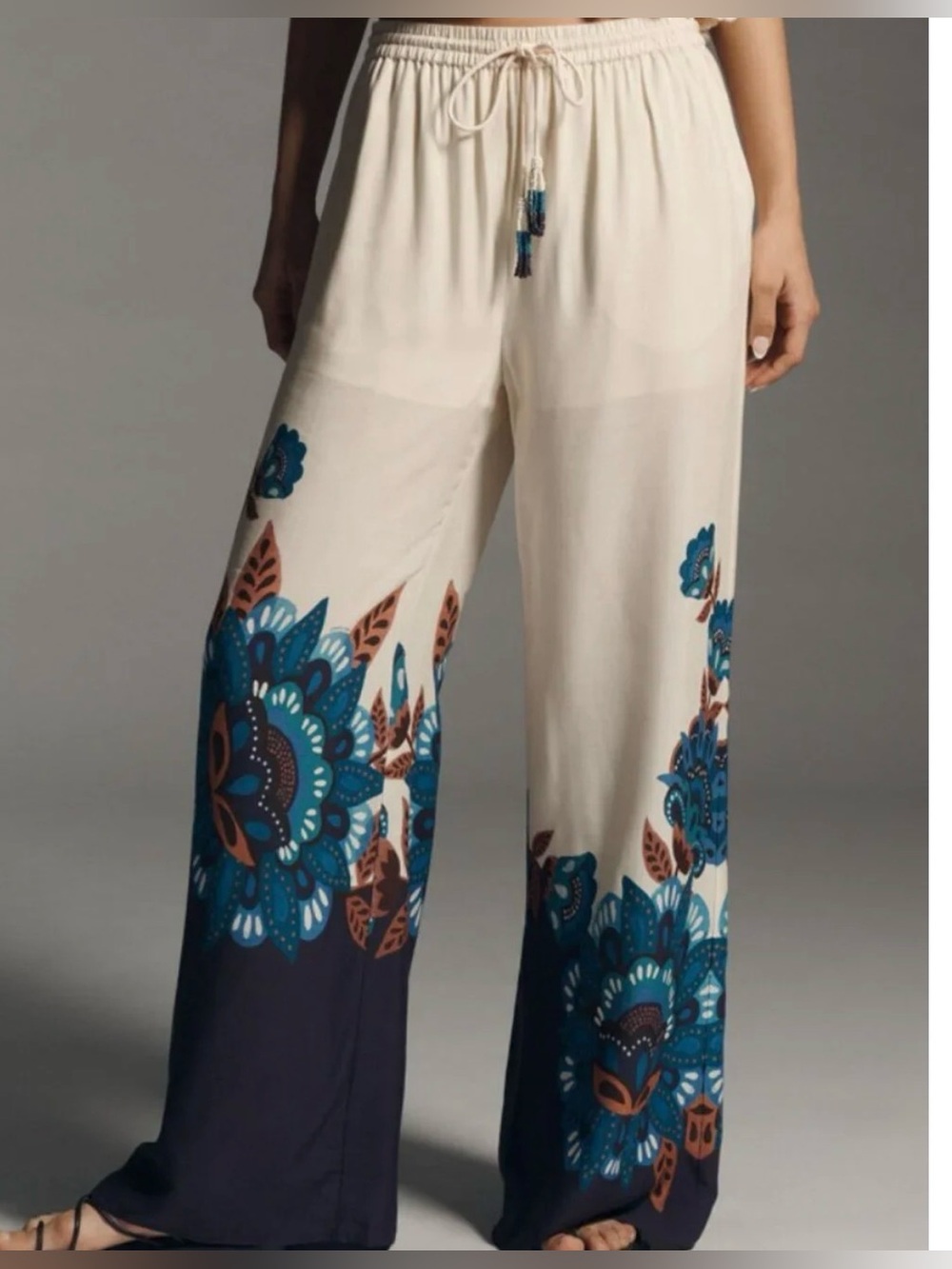Farm Rio x Anthropologie Floral Wide Leg Pants Cream Purple Blue Size M